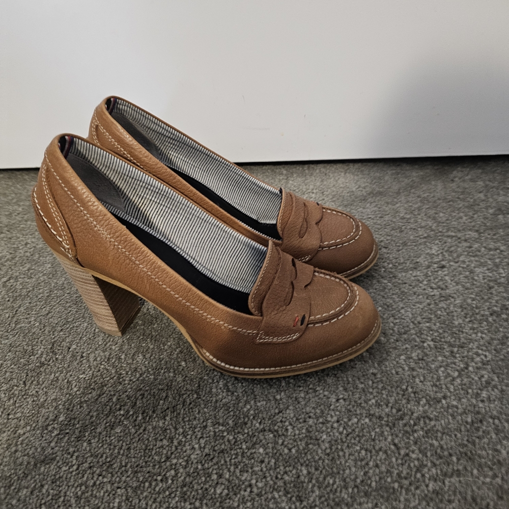 Tommy Hilfiger Tan Leather Block Heel Loafers